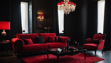 luxury living room with red sofa and black armchair in classic styleの素材
