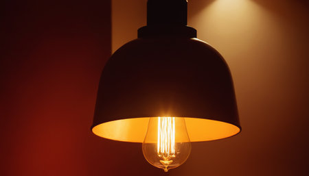 Close-up of a light bulb in a dark room with copy spaceの素材