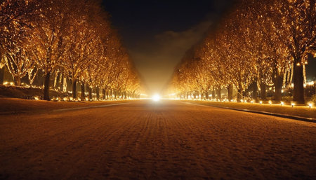 Lanterns in the park at night. Illuminated trees.の素材