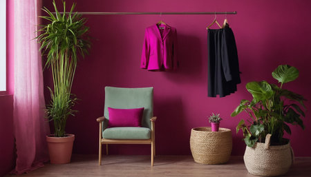interior of modern living room with green armchair and purple wallの素材
