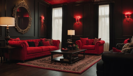 Interior of a modern living room with red sofa and black armchairsの素材