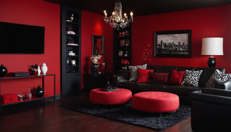 Living room interior with red walls and black sofa with red cushionsの素材