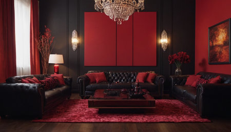 Luxury living room with black leather sofas and red velvet sofaの素材