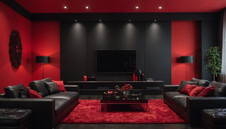 Luxury living room with red and black walls, sofa and TVの素材