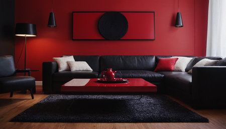 Living room interior with red wall and black sofa. 3d renderingの素材