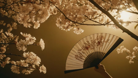 Cherry blossoms and hand fan in retro style with copy spaceの素材