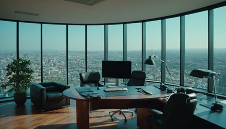 Modern office interior with panoramic window and city view. 3D Renderingの素材