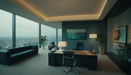 Modern office interior with furniture and panoramic window with city viewの素材
