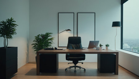 Interior of a modern office with black and white walls, wooden floor, panoramic window with city view and white mock up poster frames. 3d renderingの素材