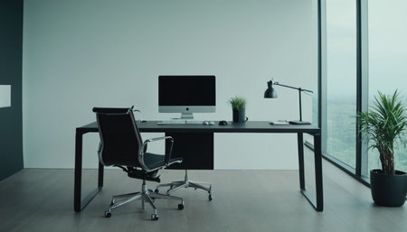 Modern office interior with black and white furniture and panoramic windowの素材