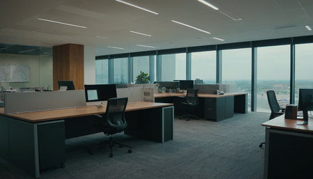 Modern office interior with panoramic window and city view. Nobody insideの素材