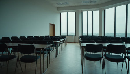 Empty conference room with chairs and large windows. Selective focus.の素材