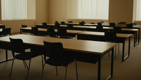 Interior of an empty classroom with rows of black chairs and tablesの素材