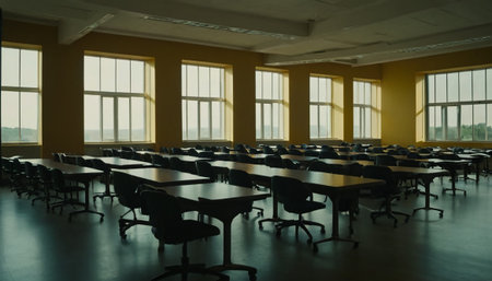 Interior of a conference room with rows of chairs and large windowsの素材