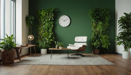 Interior of modern living room with green walls, wooden floor, armchair and round coffee table. 3d renderの素材