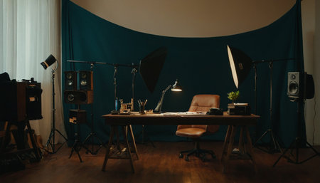 interior of recording studio with equipment and lighting equipment on wooden floorの素材