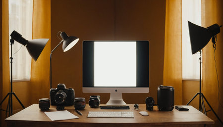 Professional photographer workspace with computer, camera and accessories on wooden desk.の素材