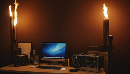 Vintage photo camera, radio, lamp and computer on wooden tableの素材