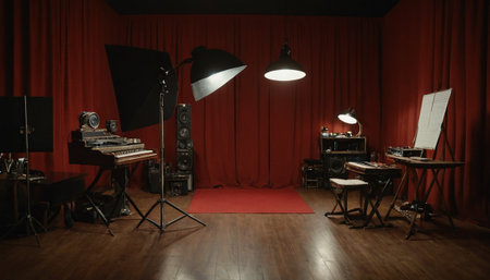 Interior of a classical music hall with red curtains, piano and lighting equipmentの素材