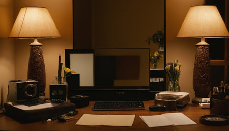 Interior of a hotel room with a computer and a desk lampの素材
