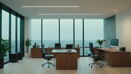 Interior of modern office with panoramic sea view. 3D Renderingの素材