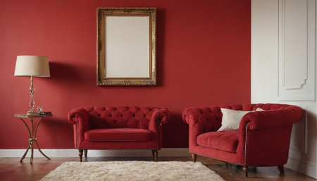 Living room interior with two red armchairs and an empty picture frameの素材