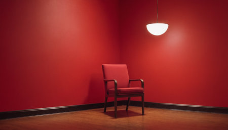Empty red room with a chair and a lamp in the corner.の素材