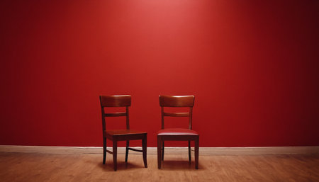 Two chairs against a red wall in a room with wooden floor.の素材