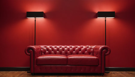 Red leather sofa in a dark room with red wall and floor lampの素材