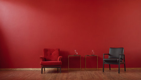 Interior of a modern living room with two chairs and a red wallの素材