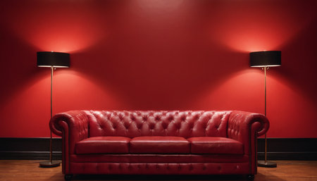 Red leather sofa and floor lamp in the dark room with red wallの素材
