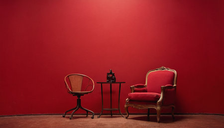 Two vintage armchairs and a table on a red wall background.の素材