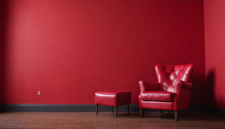 Interior of a living room with red armchairs and red wallの素材