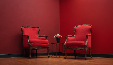 Two red armchairs and a vase of flowers on a red wallの素材