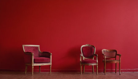 Two antique armchairs in a red room with a red wall.の素材