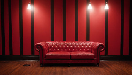 Red leather sofa in a room with red wall and spotlights.の素材