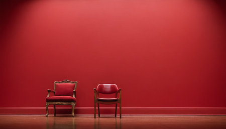 Interior of a red room with two armchairs and a red wallの素材