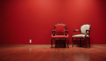 Two vintage armchairs on a red wall background with copy space.の素材