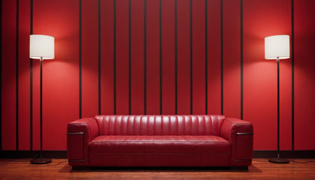 Red leather sofa on red wall background. 3d render image.の素材