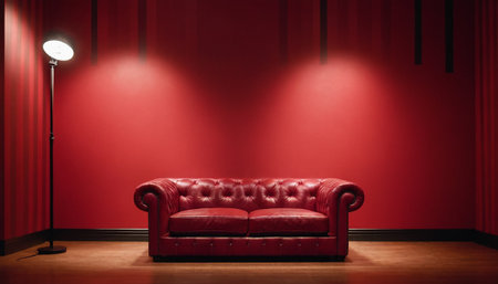 Red leather sofa in a room with a red wall and floor lampの素材