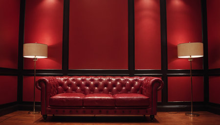 Red leather sofa with red wall and floor lamp in the dark roomの素材
