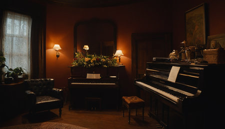 Interior of a classical music room with piano, piano keys and booksの素材