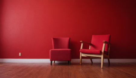 Interior of a living room with two red armchairs and a red wallの素材