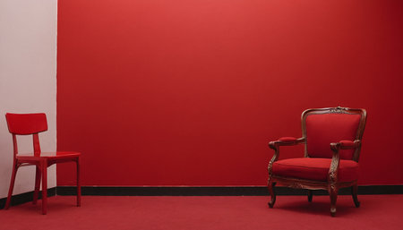 Red armchair and chair in red room with red wall background.の素材