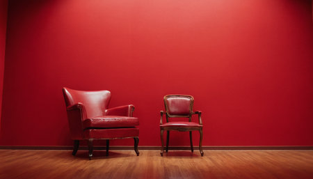 Two red leather armchairs against a red wall in an empty roomの素材