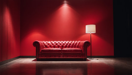 Red leather sofa with a floor lamp in a room with red wallの素材