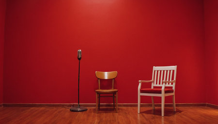 Interior of a room with a red wall and a wooden chairの素材