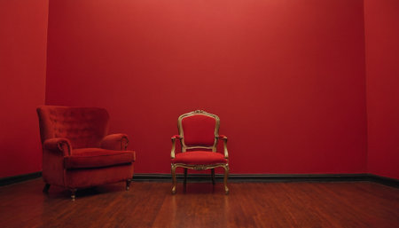 Red armchair in the interior of a room with a red wallの素材