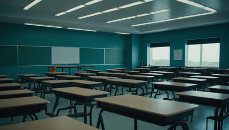 Classroom interior with rows of tables and chairs, shallow depth of fieldの素材