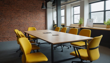 modern meeting room with yellow chairs and wooden table in front of brick wallの素材